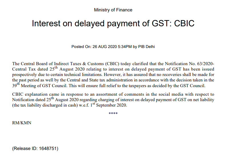 CBIC Issued Press Release on Interest on Delayed Payment of GST