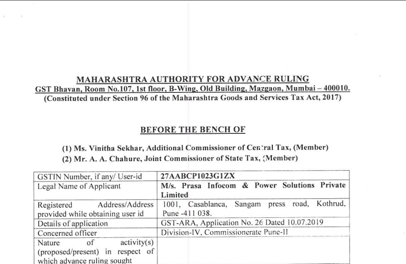 Maharashtra AAR in the case of M/s. Prasa Infocom & Power Solutions Private Limited