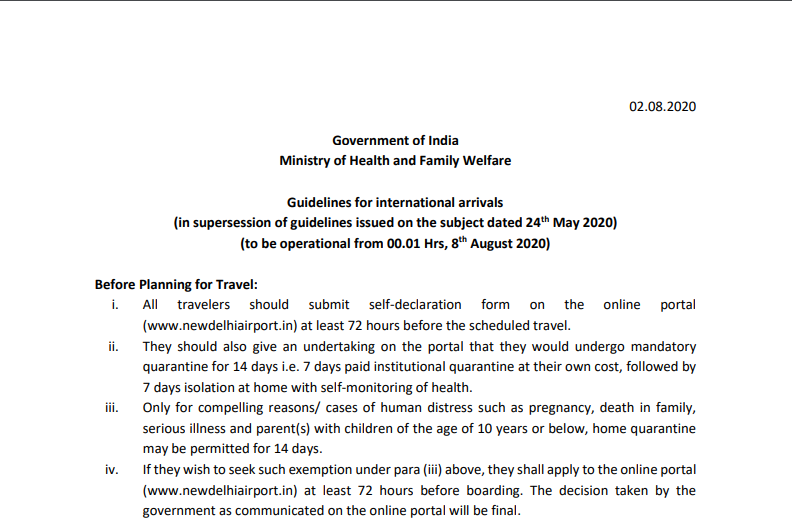 Revised Guidelines for International Arrivals