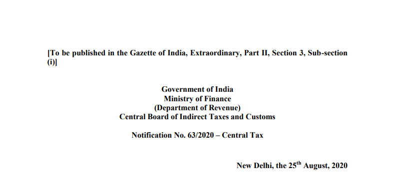 Notification No. 63/2020 – Central Tax 