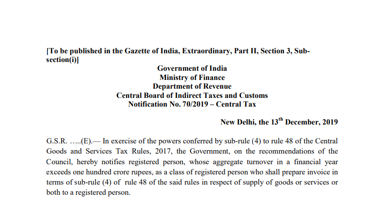 Notification No. 70/2019 – Central Tax