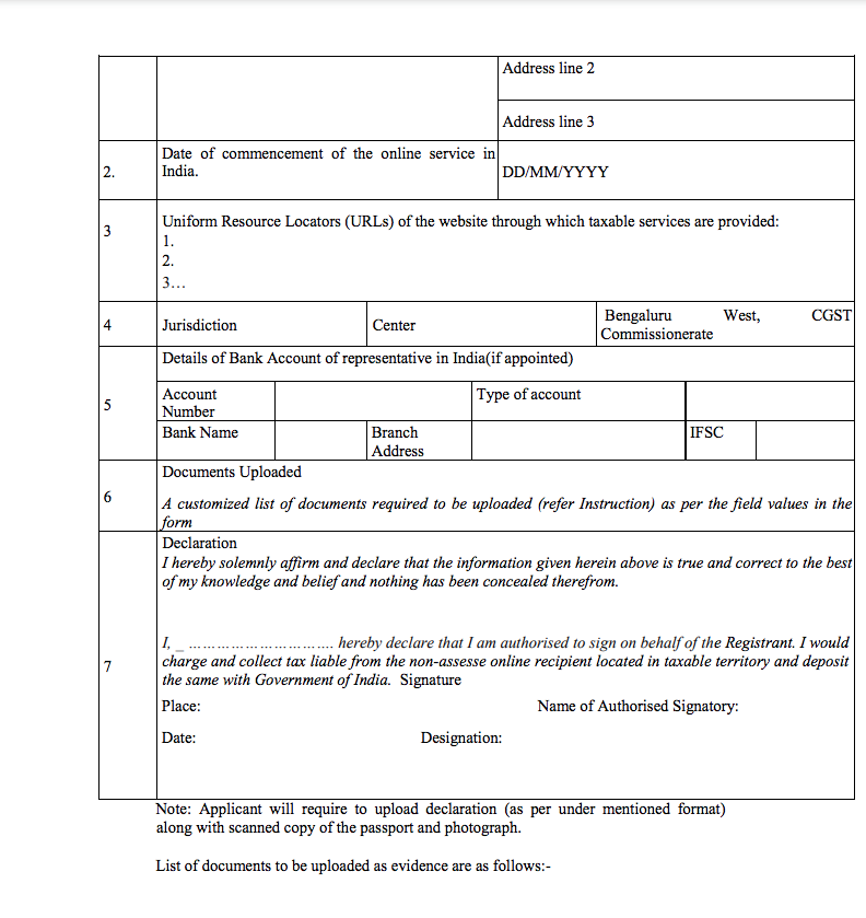 Selling online to Indian users OIDAR services registration form