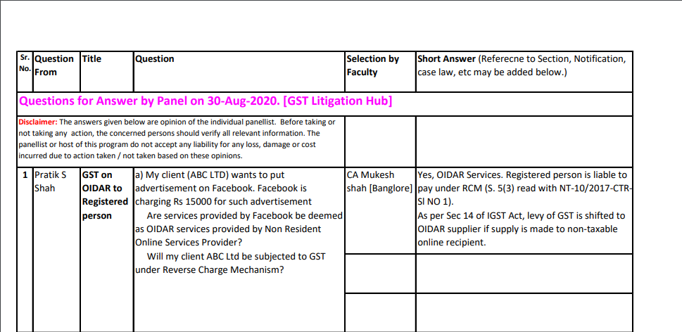 Questions for Answer by Panel on 30-Aug-2020. [GST Litigation Hub]