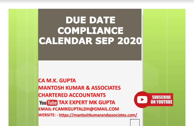 Important Compliance due in SEP 2020 under GST I. tax, C. Act ESI PF Acts