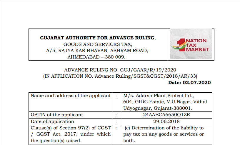 Gujarat AAR in the case of M/s. Adarsh Plant Protect Ltd.