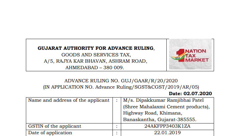 Gujarat AAR in the case of M/s. Dipak Kumar Ramjibhai Patel