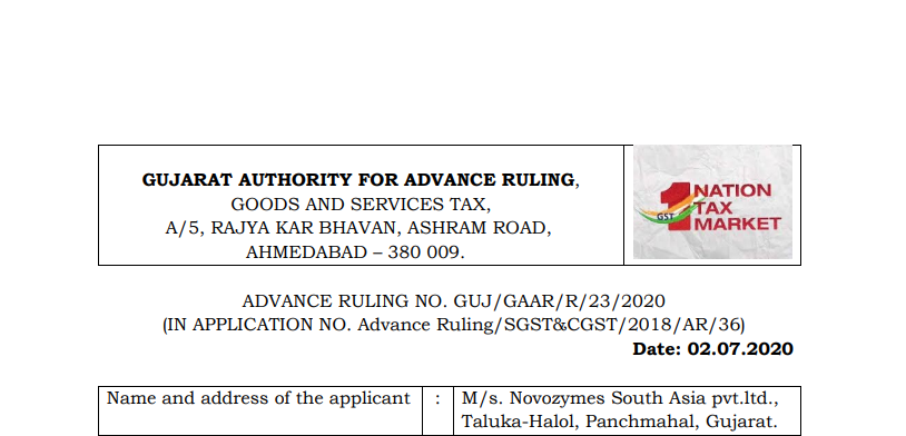 Gujarat AAR in the case of M/s. Novozymes South Asia Pvt. Ltd.