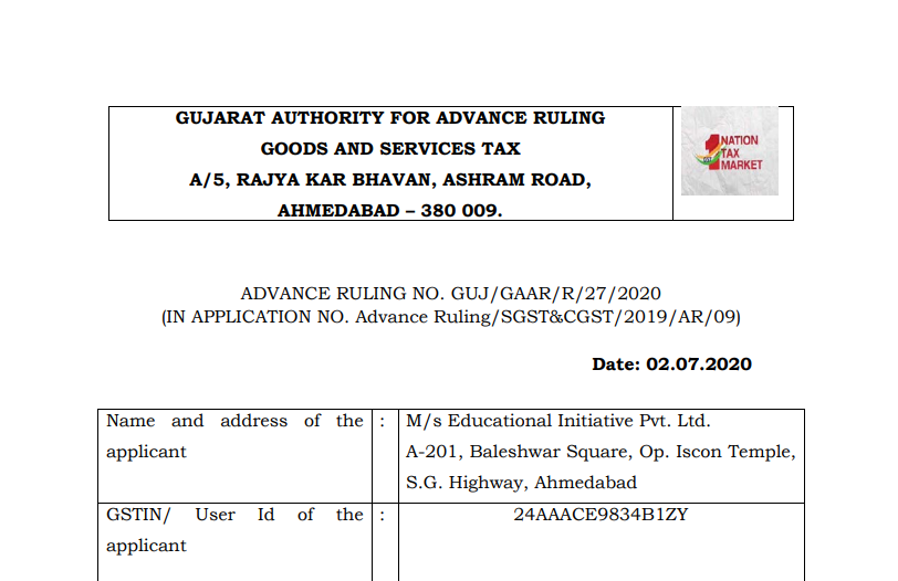 Gujarat AAR in the case of M/s Educational Initiative Pvt. Ltd.