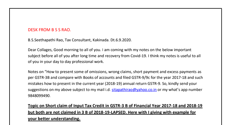 The short claim of Input Tax Credit in GSTR-3B of Financial Year 2017-18 and 2018-19 but both are not claimed in 3B of 2018-19-LAPSED.