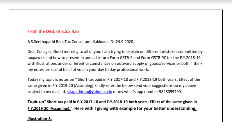 Short tax paid in F.Y.2017-18 and F.Y.2018-19 both years, Effect of the same given in F.Y. 2019-20 (Assuming).
