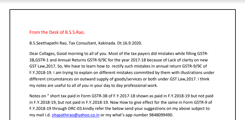 Short tax paid in Form GSTR-3B of F.Y.2017-18 