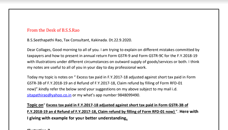 Excess tax paid in F.Y.2017-18 adjusted against short tax paid in Form GSTR-3B of F.Y.2018-19 and Refund of F.Y.2017-18