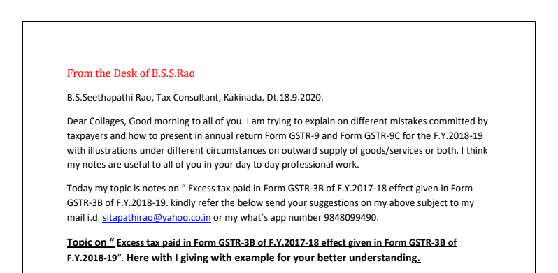 Excess tax paid in Form GSTR-3B of F.Y.2017-18 effect given in Form GSTR-3B of F.Y.2018-19