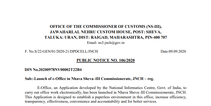 Launch of e-Office in Nhava Sheva–III Commissionerate, JNCH