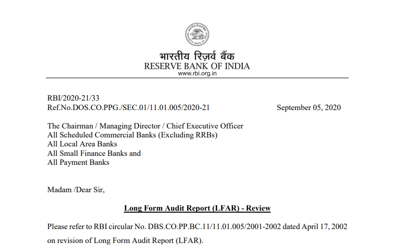 Long Form Audit Report (LFAR) - Review: RBI