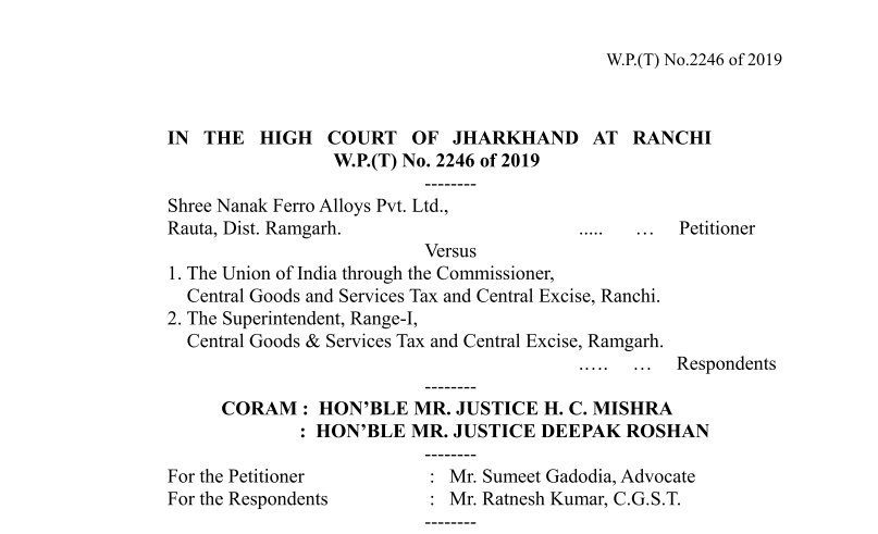 Jharkhand HC in the case of Shree Nanak Ferro Alloys Pvt. Ltd. Versus The Union of India