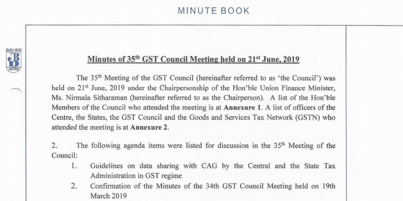 Minutes of 35th GST Council Meeting held on 21st June, 2019 