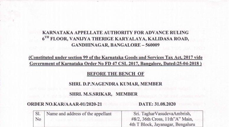 Karnataka AAAR in the case of Sri. Taghar Vasudeva Ambrish 