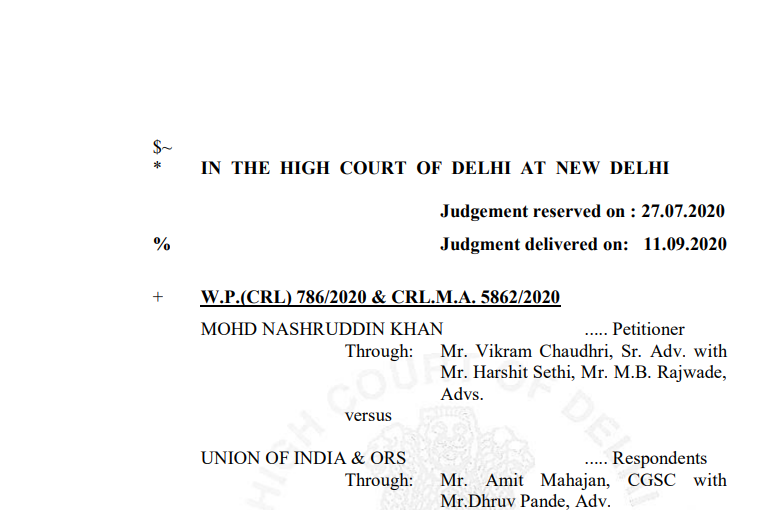 Delhi HC in the case of Mohd Nashruddin Khan Versus Union of India
