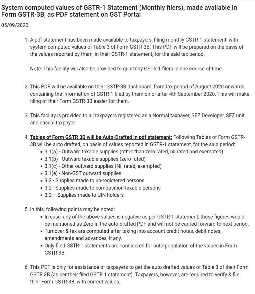 System Computed values of GSTR-1 Statement (Monthly Filers), made available in Form GSTR-3B, as PDF statement on GST Portal