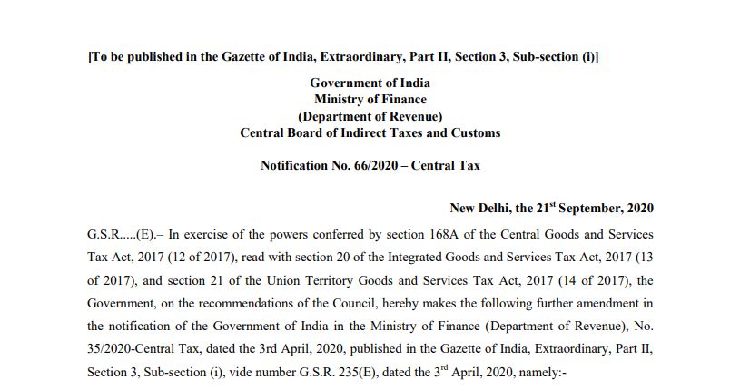Notification No. 66/2020 – Central Tax