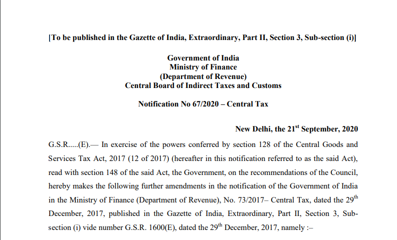 Notification No 67/2020 – Central Tax