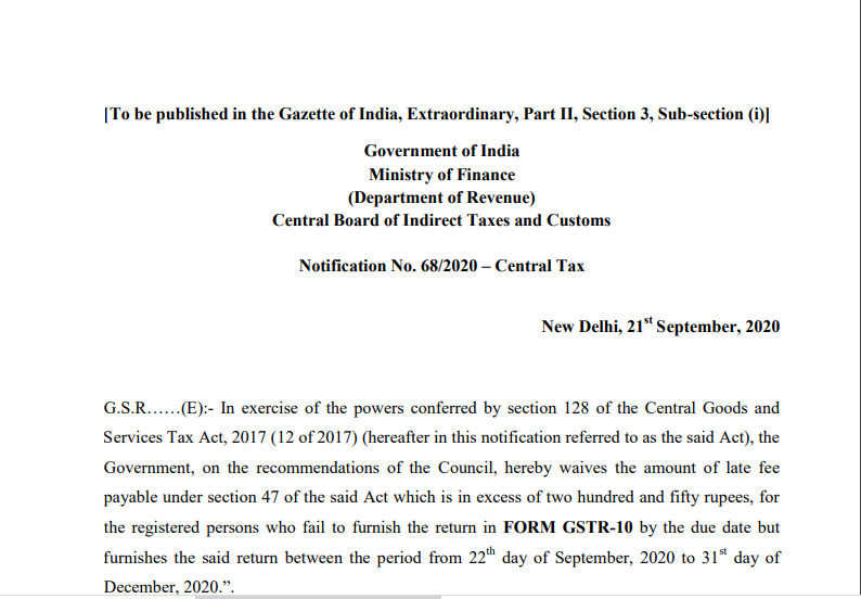 Notification No. 68/2020 – Central Tax