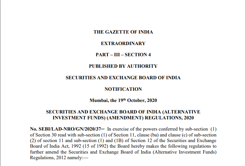 SEBI (Alternative Investment Funds) (Amendment) Regulations, 2020.