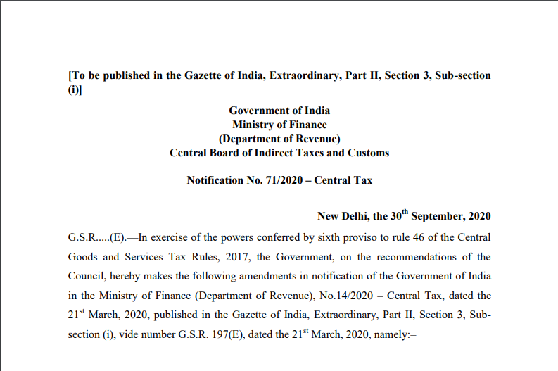 Notification No. 71/2020 – Central Tax
