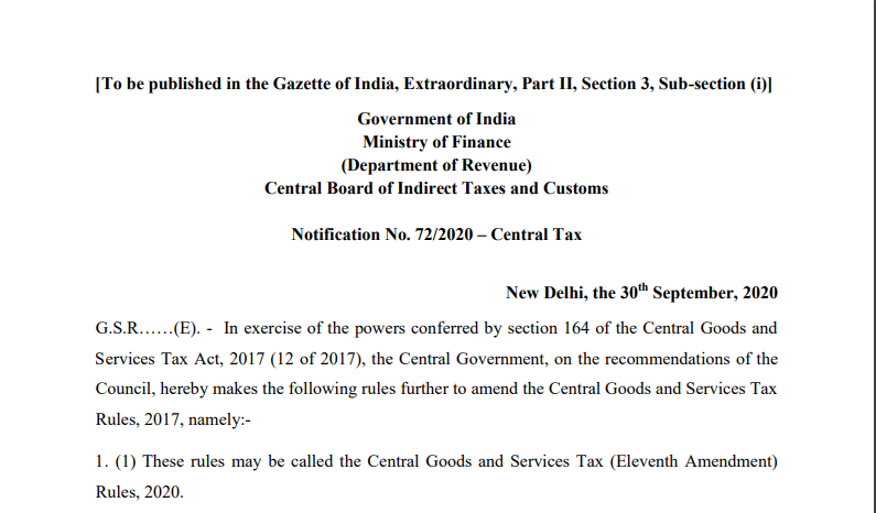 Notification No. 72/2020 – Central Tax