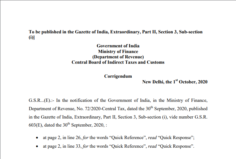 Notification No. 72/2020- Central Tax Corrigendum
