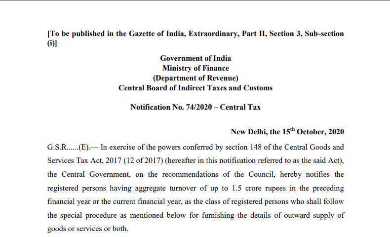 Notification No. 74/2020 – Central Tax