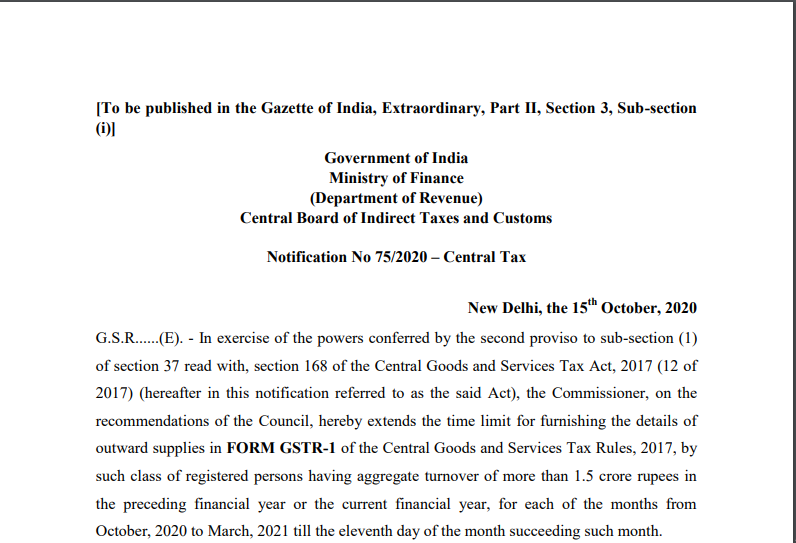 Notification No 75/2020 – Central Tax