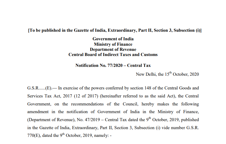 Notification No. 77/2020 – Central Tax