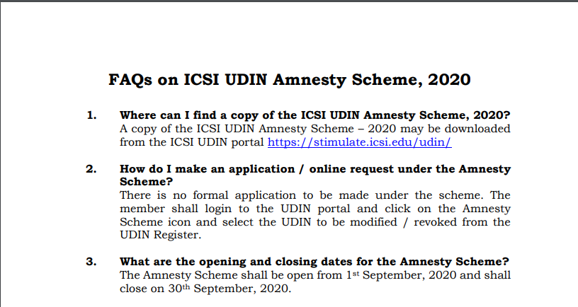 FAQs on ICSI UDIN Amnesty Scheme, 2020