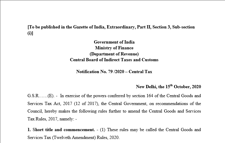 Notification No. 79 /2020 – Central Tax