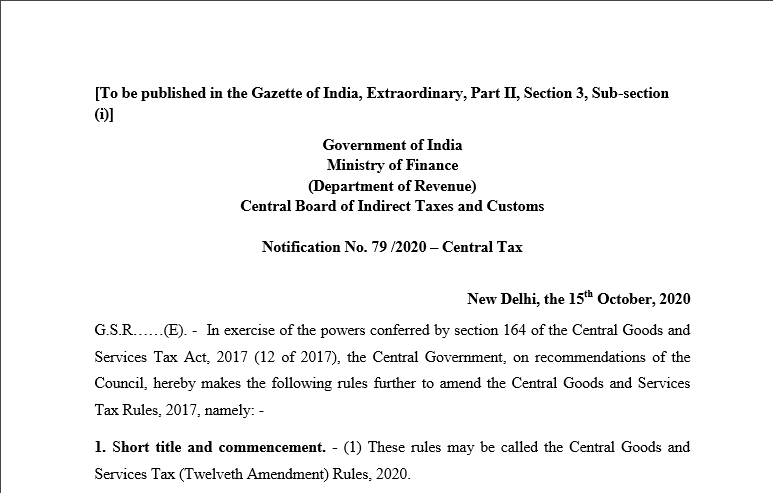 Notification No. 79 /2020 – Central Tax 