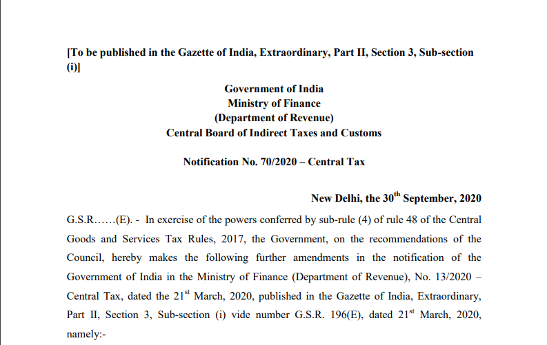 Notification No. 70/2020 – Central Tax