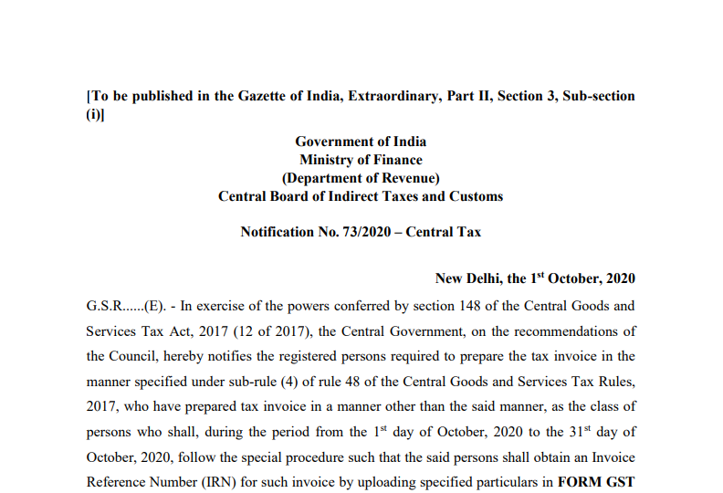 Notification No. 73/2020 – Central Tax