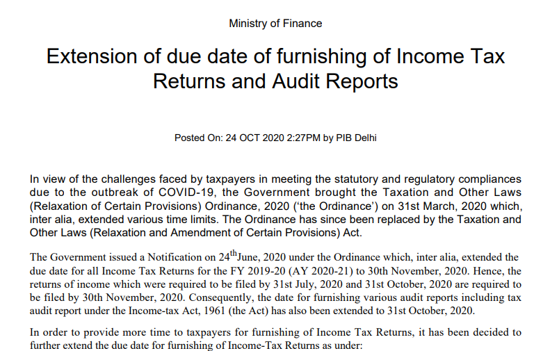 Due Date of Tax Audit is Extended