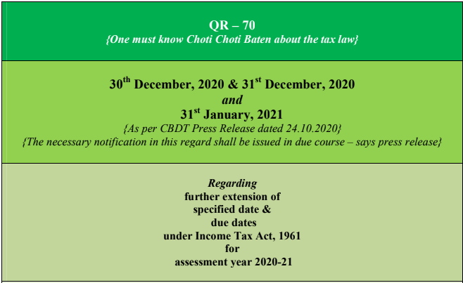 QR – 70 ITR & Audit Further Extension