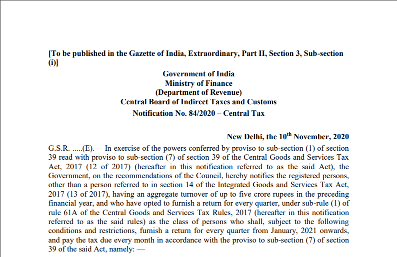 Notification No. 84/2020 – Central Tax