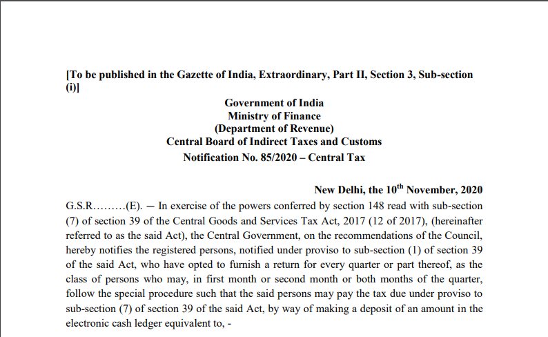 Notification No. 85/2020 – Central Tax