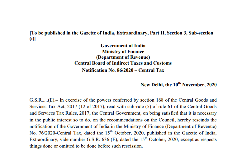 Notification No. 86/2020 – Central Tax