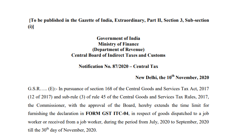 Notification No. 87/2020 – Central Tax