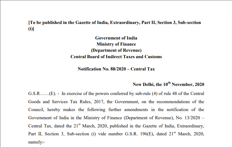 Notification No. 88/2020 – Central Tax