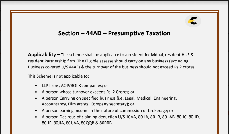 Section 44AD – Presumptive Taxation