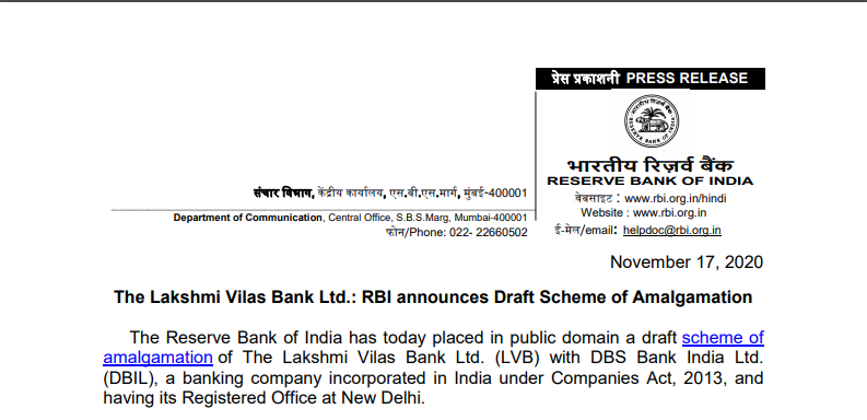 The Lakshmi Vilas Bank Ltd.: RBI announces Draft Scheme of Amalgamation