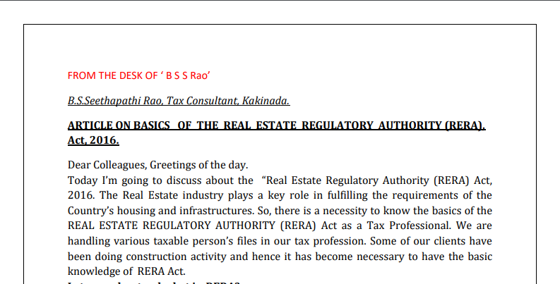 Basics of The Real Estate Regulatory Authority (RERA), Act, 2016.