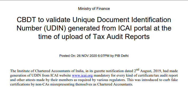 CBDT to validate Unique Document Identification Number (UDIN) generated from ICAI portal at the time of upload of Tax Audit Reports